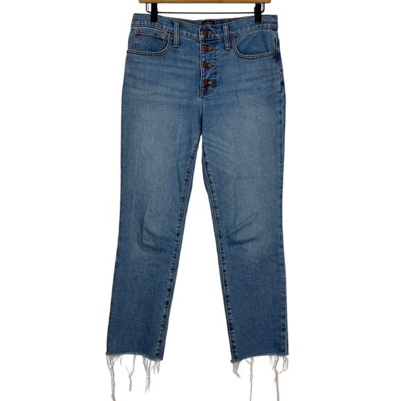 J Crew Essential Straight Jeans Size 28 Blue Denim Button Fly Frayed Hem Stretch - Picture 1 of 12